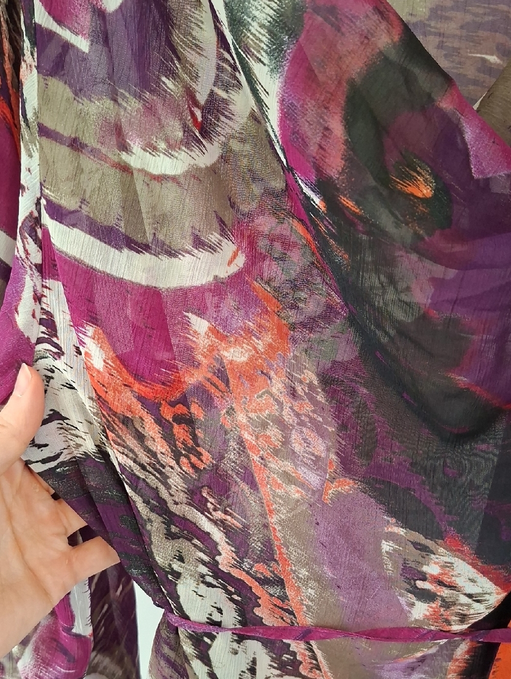 Olsen Purple & Orange Sheer Cowl-neck Balloon-sleeve Tie-waist Tunic (Size M) - Picture 6 of 7